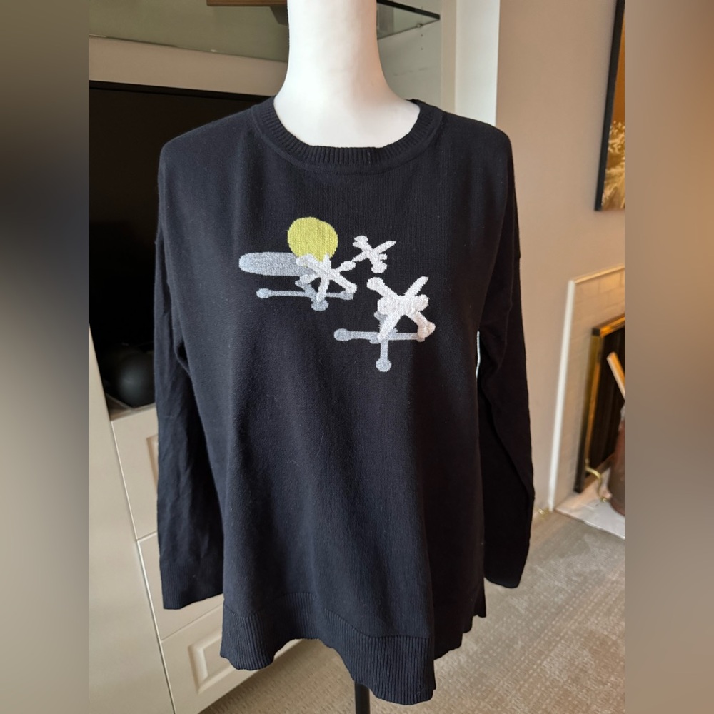 Lisa Todd Black Graphic Cotton Sweater | Abstract jacks/ball Embroidery Size XL